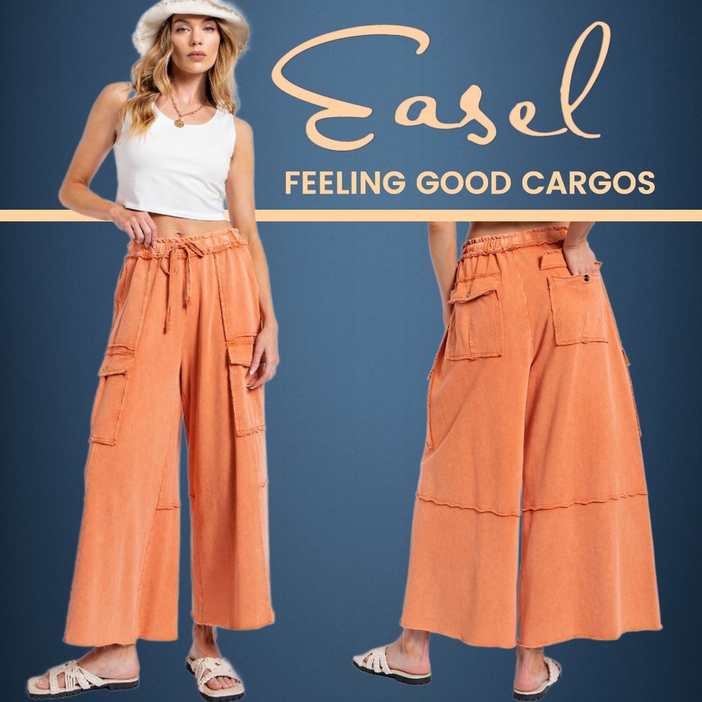 EASEL “Feeling Good Cargos” Mineral Washed Flared Leg, Raw Seams & Hems, Pockets